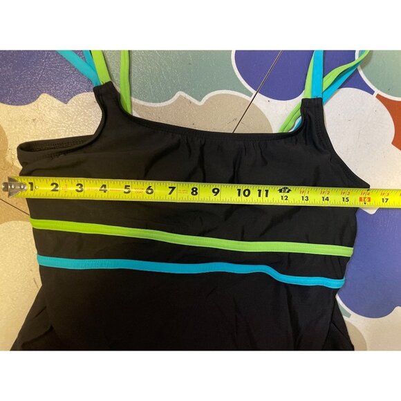 Inches Off Swimwear Black Green Blue Stripe Detail Tankini Top Sz 12 - Picture 6 of 7